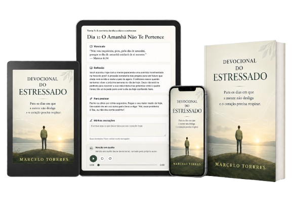Mockup premium do livro Devocional do Estressado, de Marcelo Torres